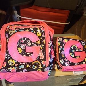 😊Justice Pink Emoji Backpack & Lunchbox Set; Neon Pink & Black (RETIRED STYLE)